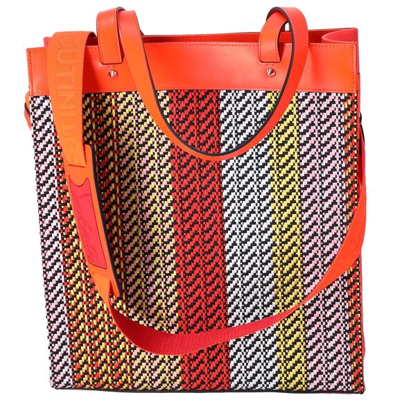 Christian Louboutin Louis Tote 1225327 Red Navy Multi Straw Leather Rubber - Picture 3 of 6